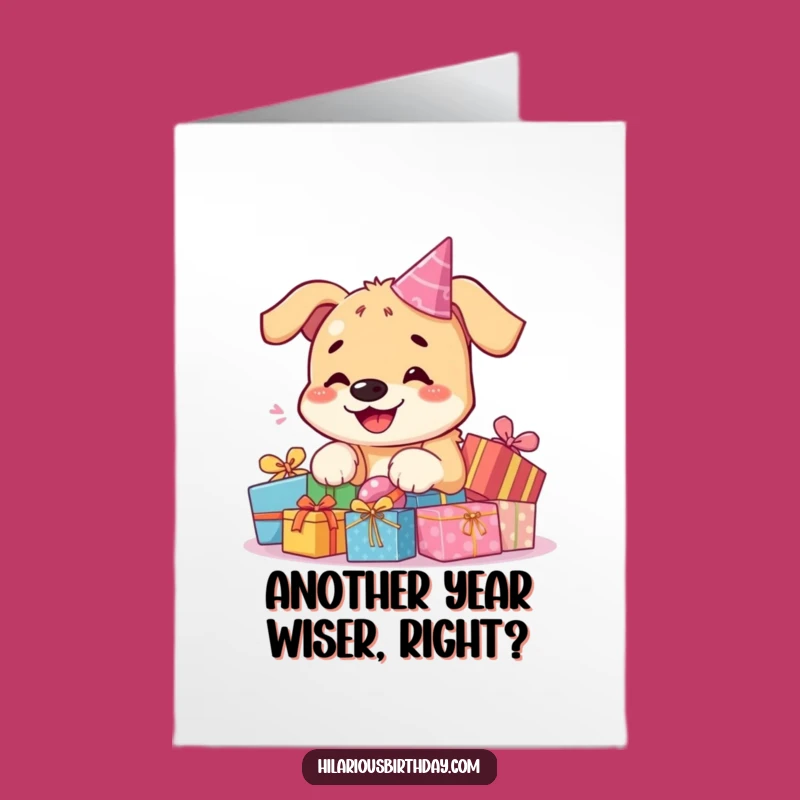 Free Printable Birthday Card: Kawaii Dog Opening Gifts Funny Downloadable Greeting Card