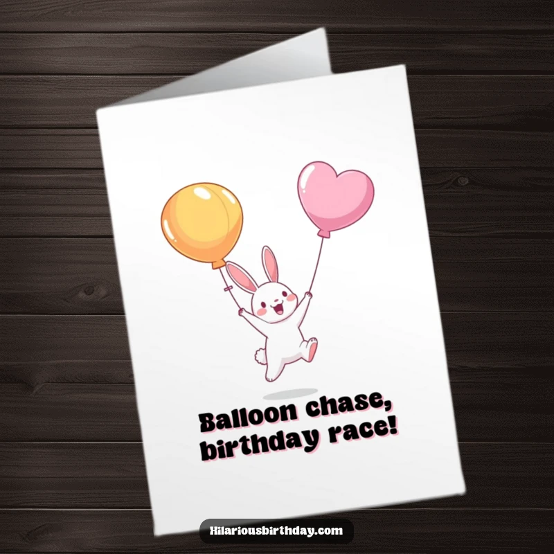 Funny Free Printable Bunny Birthday Card: A joyful bunny leaping to catch a floating balloon, ready to celebrate.