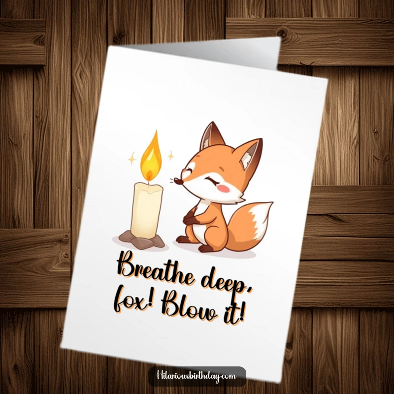 Funny Free Printable Birthday Card shows a determined fox intensely focused on blowing out a comically large birthday candle.