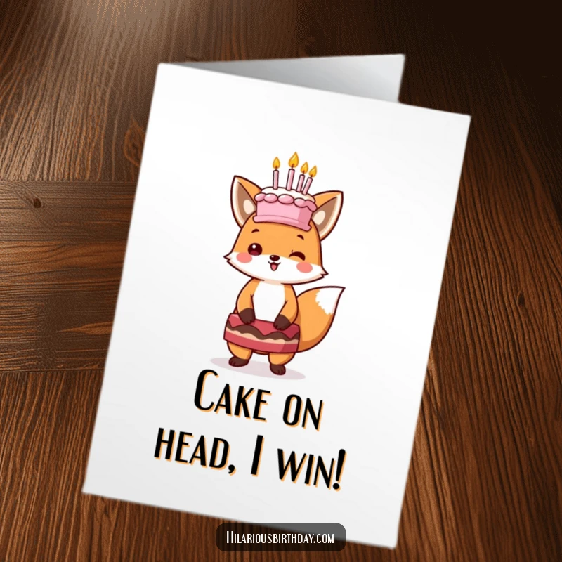 Funny Free Printable Birthday Card: Happy Kawaii fox balancing a cake with candles on its head, celebrating joyfully.