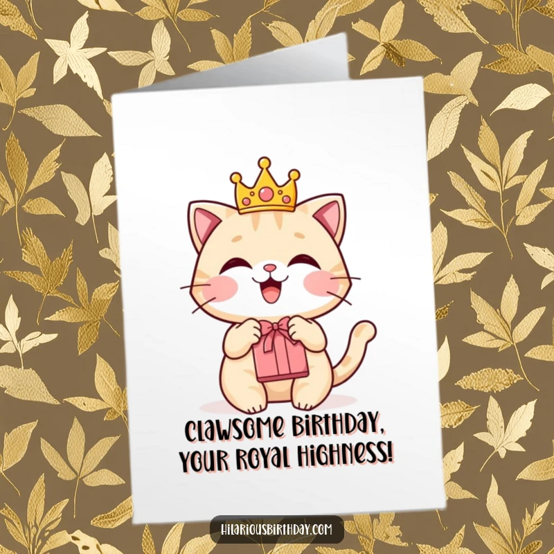 Funny Free Printable Birthday Card: A delighted cat wearing a tiny crown and holding a gift bag, ready for their special day.