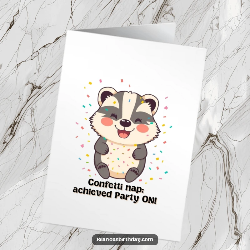 Funny Free Printable Birthday Card featuring a badger joyfully covered in colorful confetti, smiling wide for a hilarious DIY celebration.