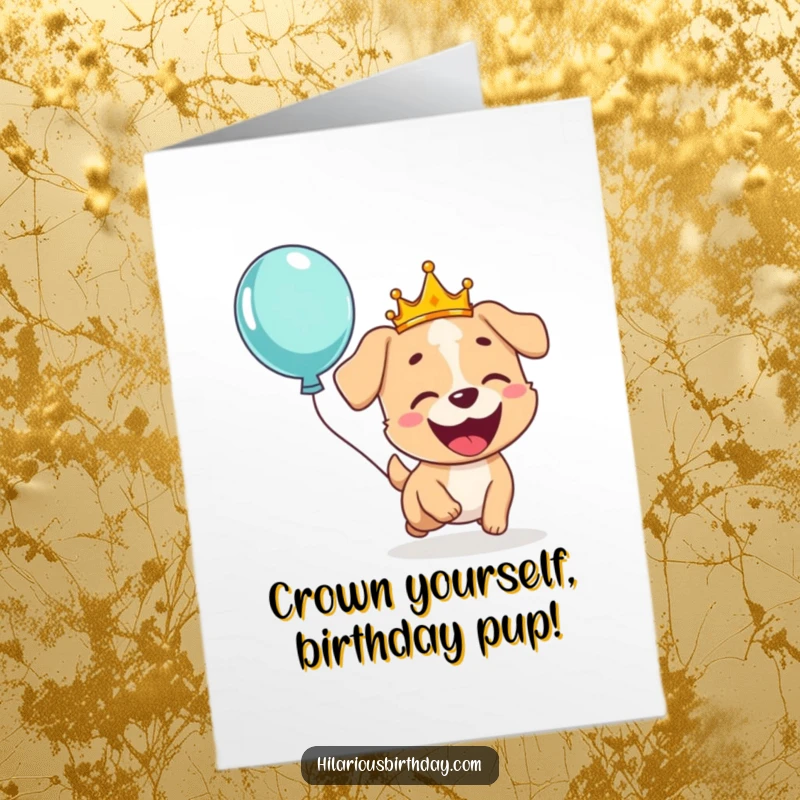 Funny Free Printable birthday card of a giggling dog wearing a crown, gleefully chasing a floating balloon.