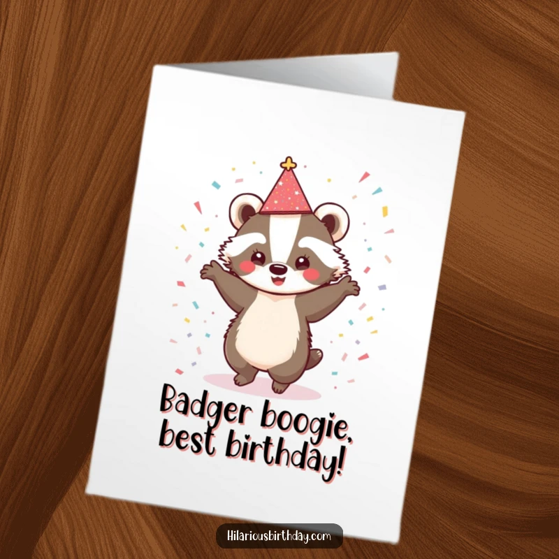 Funny Free Printable Birthday Card: Cute badger in a sparkly hat dancing joyfully in confetti, a festive downloadable gift.