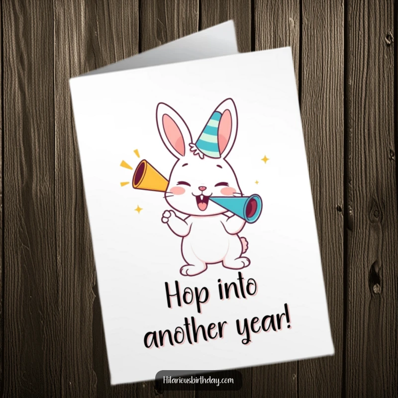 Funny Free Printable Birthday Card: A happy bunny character enthusiastically blows a party horn, creating a scene of joyful birthday excitement.