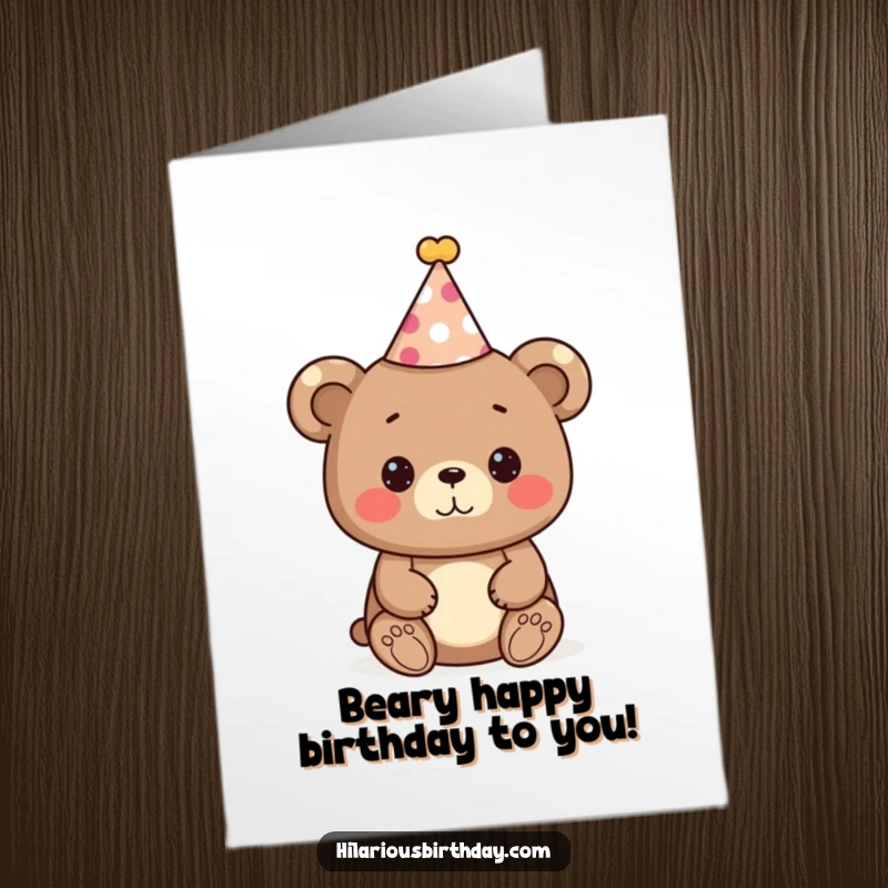 Funny Free Printable Birthday Card: A cute, friendly bear character sports a colorful festive party hat, ready to celebrate a birthday.