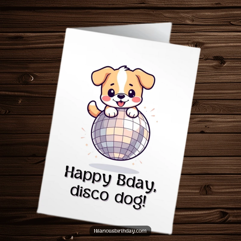 Funny Free Printable Birthday Card: A joyful kawaii dog bounces energetically on a giant, sparkling disco ball, celebrating in style.