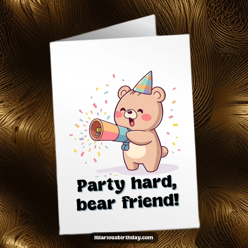 Funny Free Printable Birthday Card: Kawaii bear joyfully shoots confetti from a party cannon, spreading cheer for a special celebration.