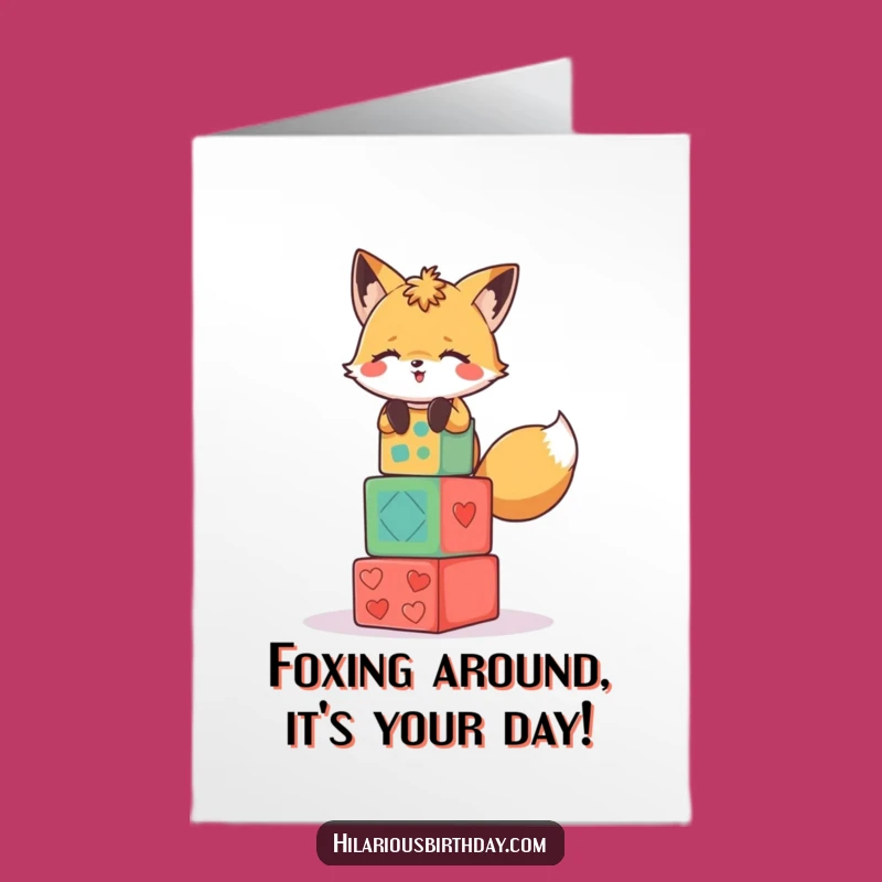 Free Printable Birthday Card: Giggling Fox Blocks, Funny Downloadable Gift for Playful Souls