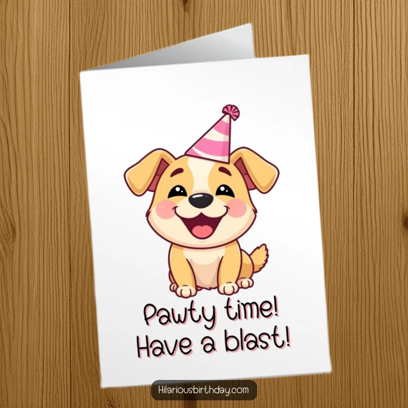 Funny Free Printable Birthday Card: Delighted dog wearing a silly party hat, barking happily, a cute cartoon illustration.