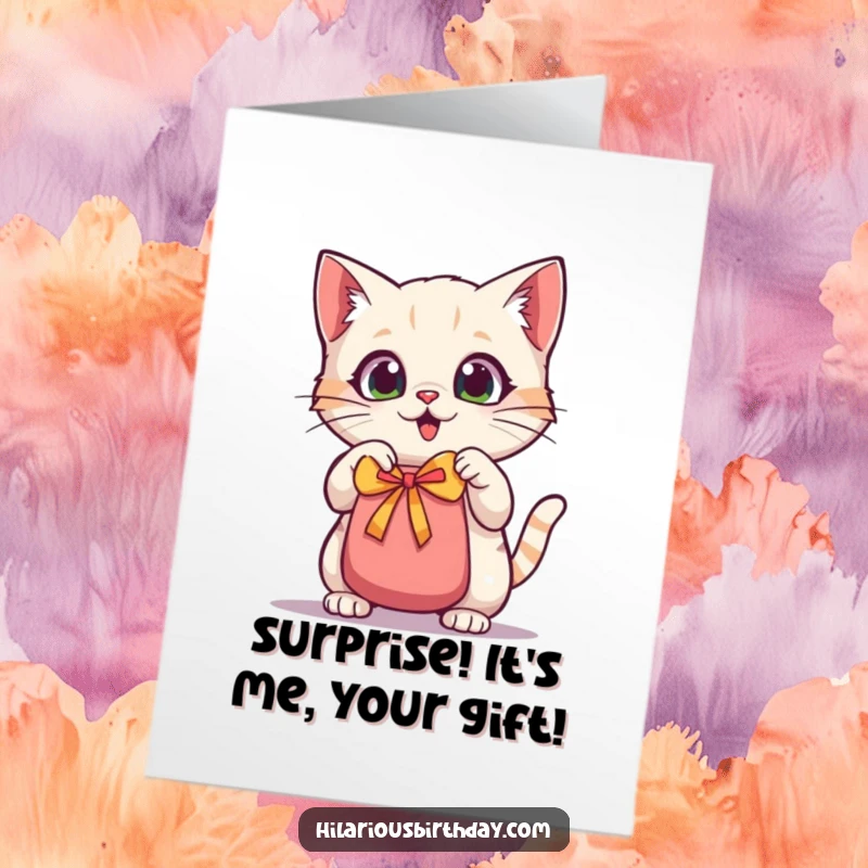 Funny Free Printable Birthday Card: Overjoyed kawaii cat eagerly shaking a gift bag, anticipating the surprise inside.