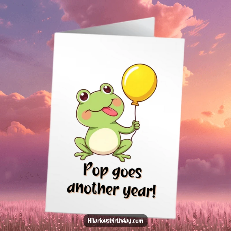 Funny Free Printable Birthday Card: Adorable kawaii frog using its long tongue to playfully pop a colorful balloon.