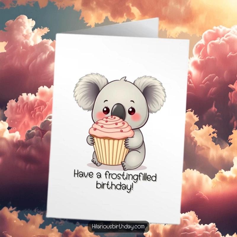 Funny Free Printable Birthday Card: Curious koala hugging a gigantic cupcake topped with swirls of delicious frosting, ready to celebrate.