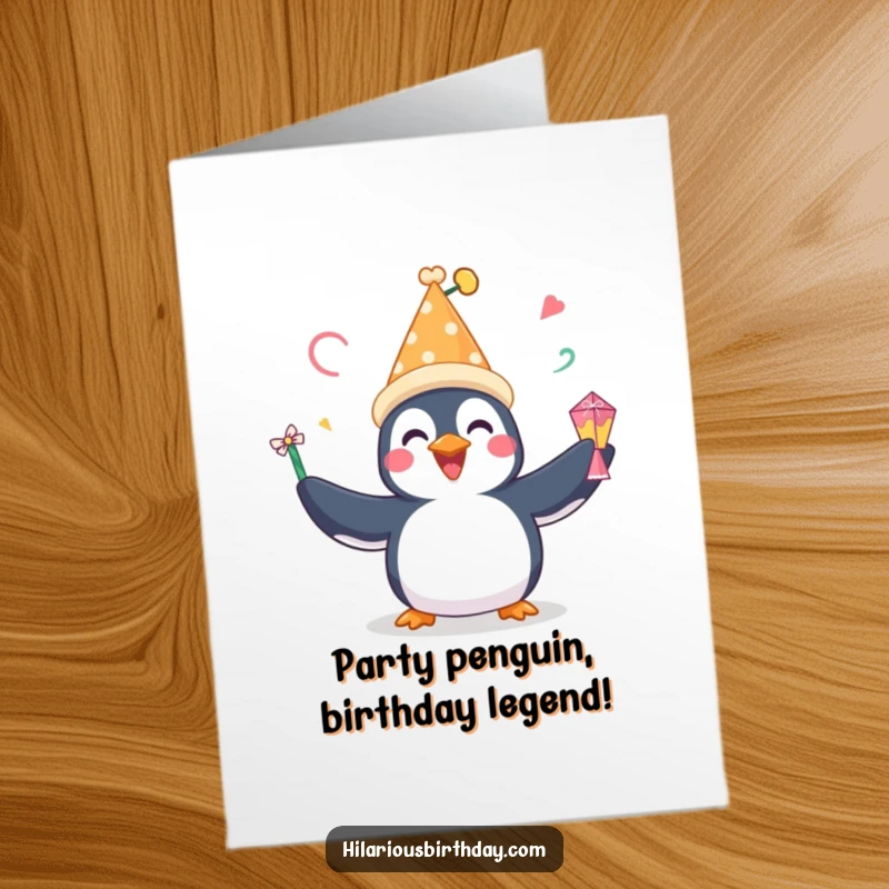 Funny Free Printable Birthday Card: Happy penguin in a festive hat juggling gifts, a playful downloadable birthday card.