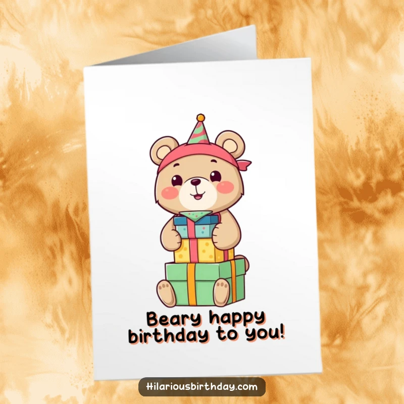 Funny Free Printable birthday card of a smiling bear wearing a birthday bandana, gleefully stacking colorful gift boxes.