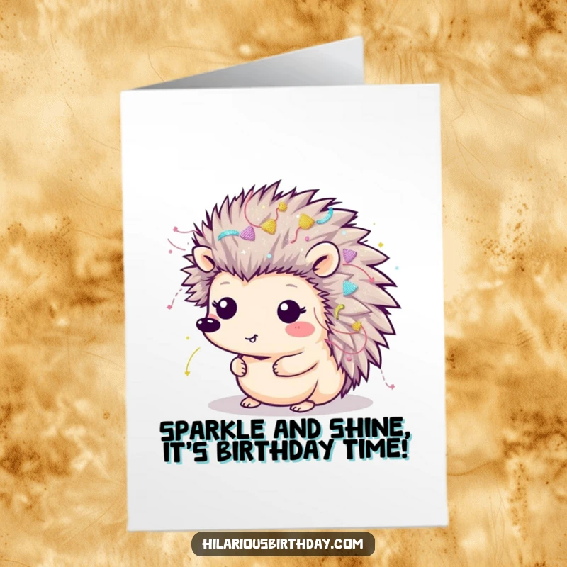 Funny Free Printable Birthday Card: A delighted Kawaii hedgehog covered in celebratory streamers and glitter.