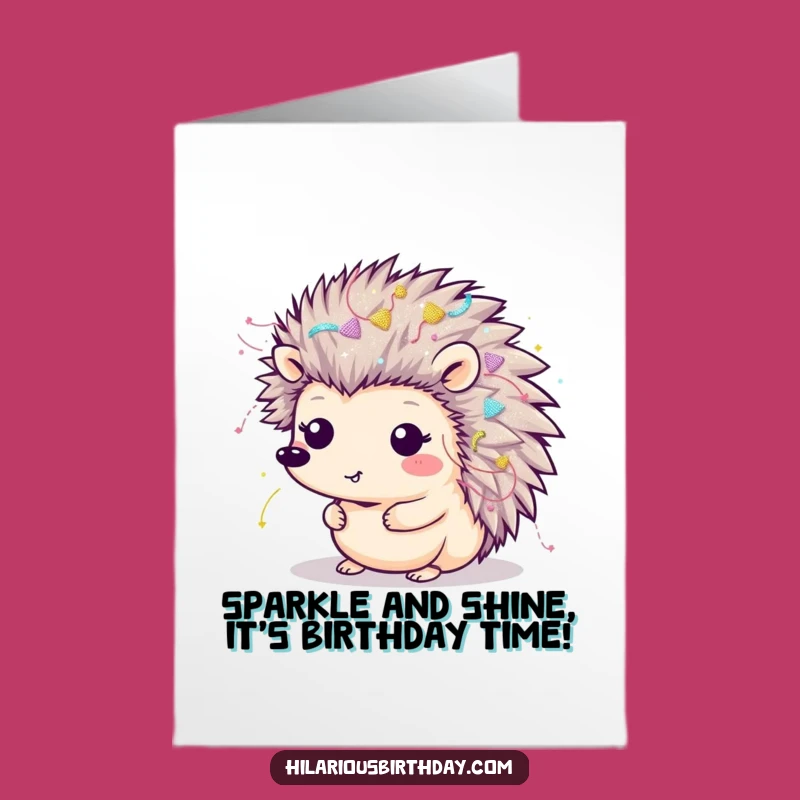 Free Printable Funny Hedgehog Birthday Card: Glittery Kawaii, Downloadable Festive Greeting