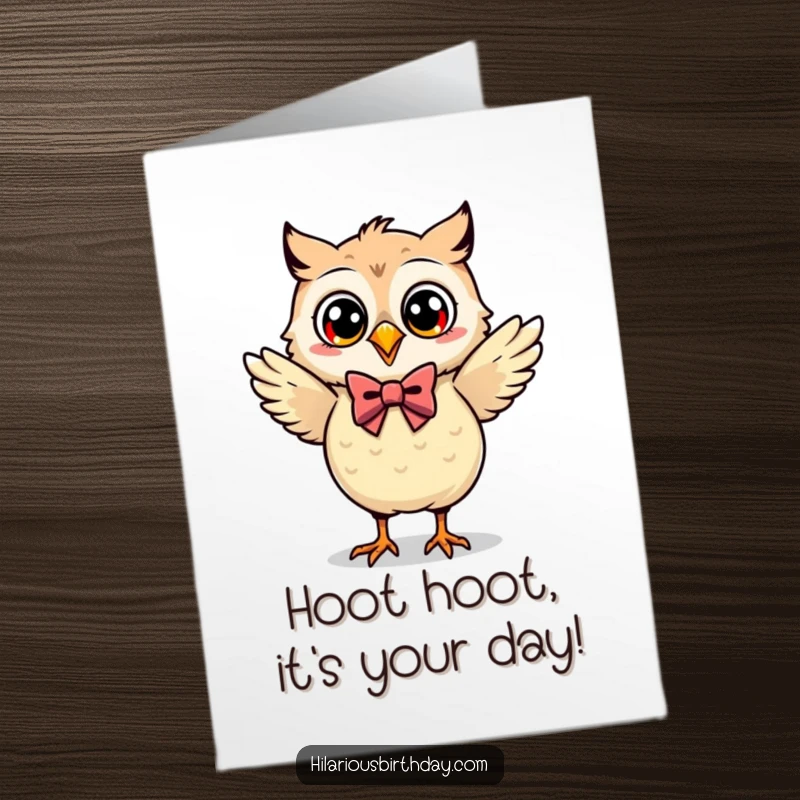 Funny Free Printable Birthday Card: Adorable Kawaii owl in a bow tie, joyfully dancing, ready to celebrate.