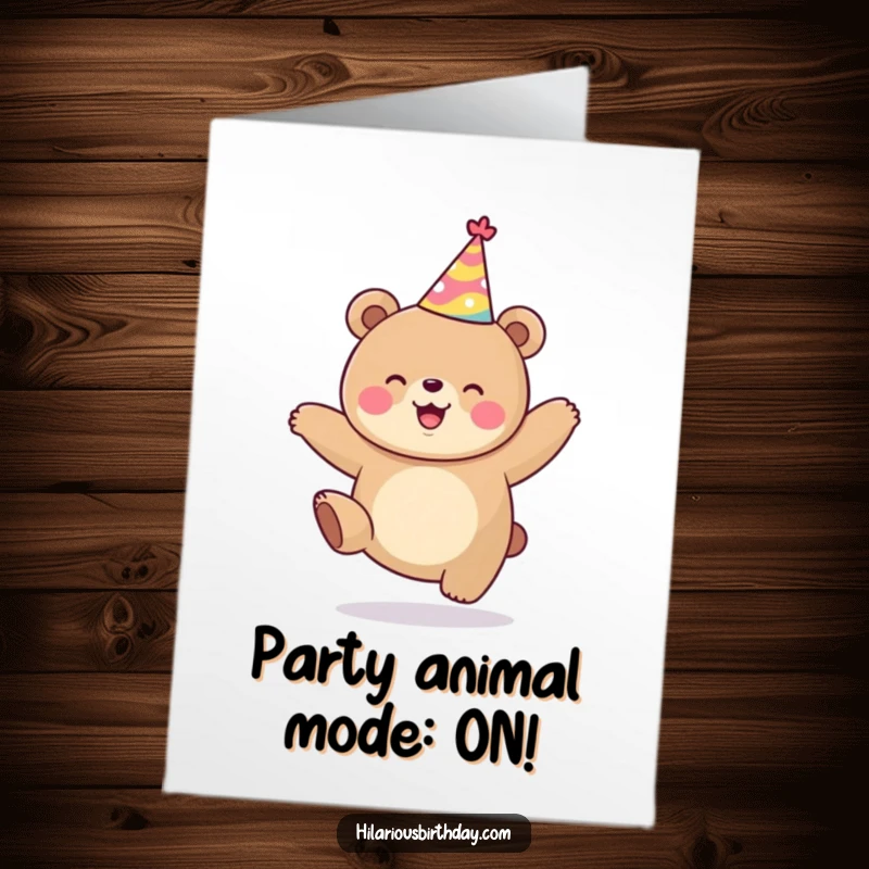 Funny Free Printable Birthday Card: Kawaii bear in a party hat joyfully jumping, spreading birthday cheer.