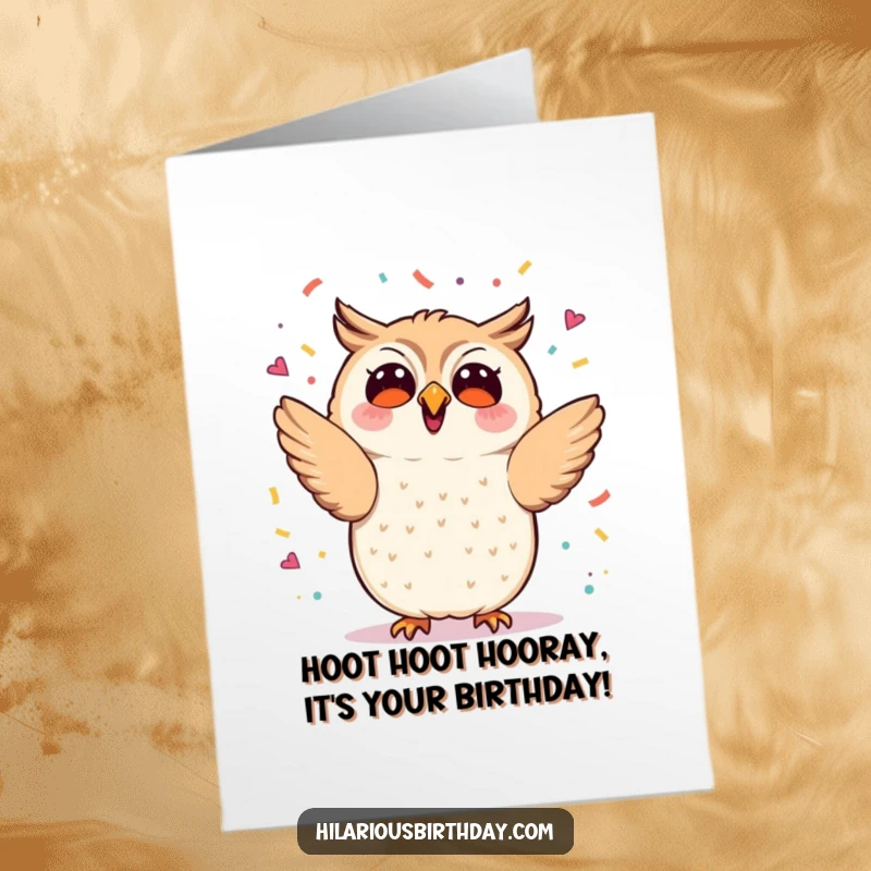 Funny Free Printable Birthday Card: A kawaii owl joyfully tossing confetti, celebrating a special day.