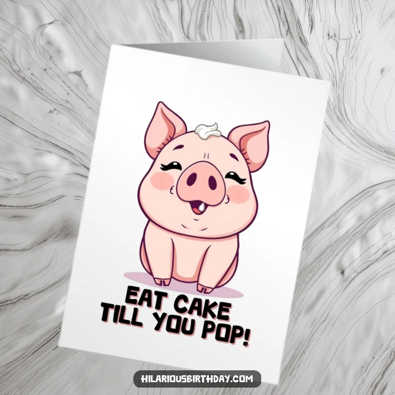 Funny Free Printable Birthday Card: A kawaii pig gleefully smudging birthday cake frosting on its nose.