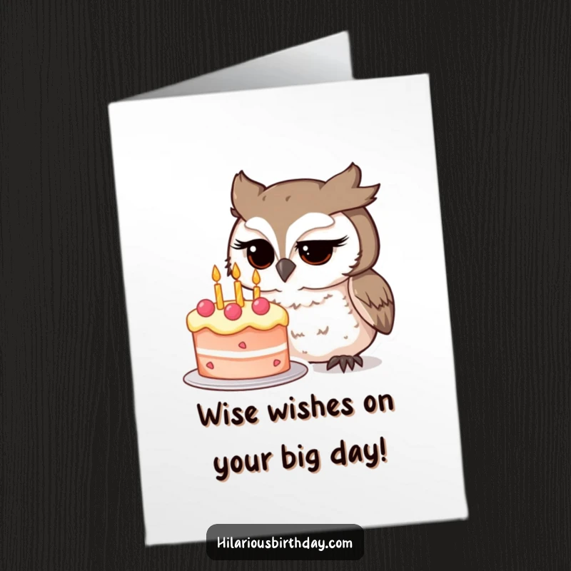 Funny Free Printable Birthday Card: A curious owl intently studying a whimsical birthday cake, pondering every delicious detail.