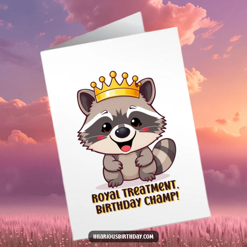 Funny Free Printable Birthday Card: A happy raccoon proudly wears a shiny golden crown, celebrating their birthday like a true monarch.