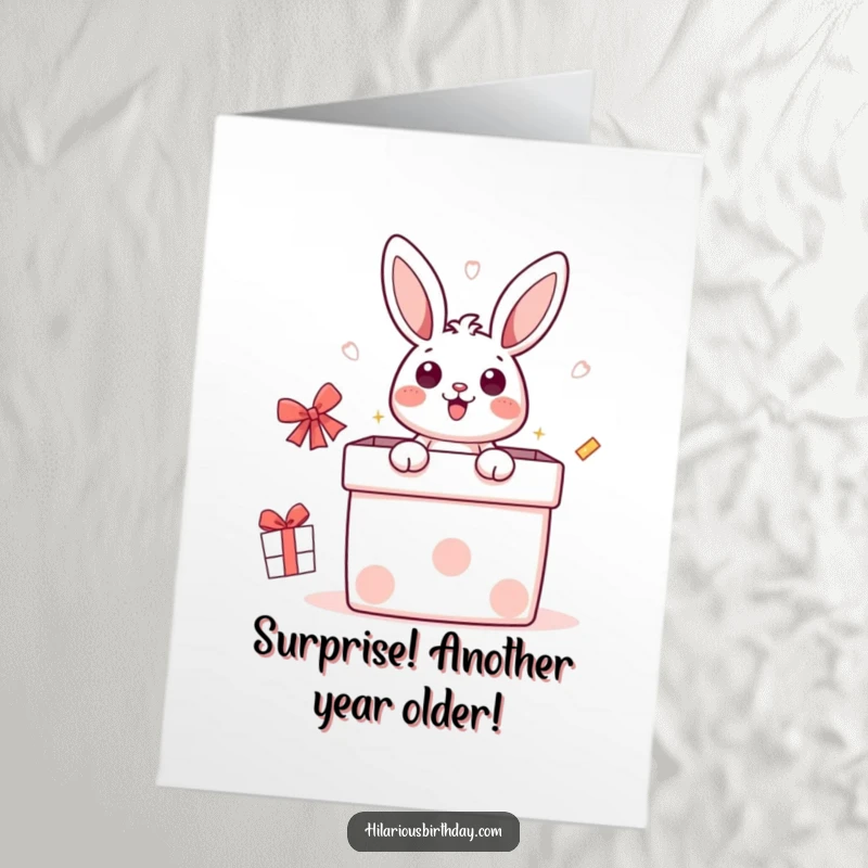 Funny Free Printable Birthday Card: Surprised Kawaii bunny character popping out of a giant gift box, pure joy.