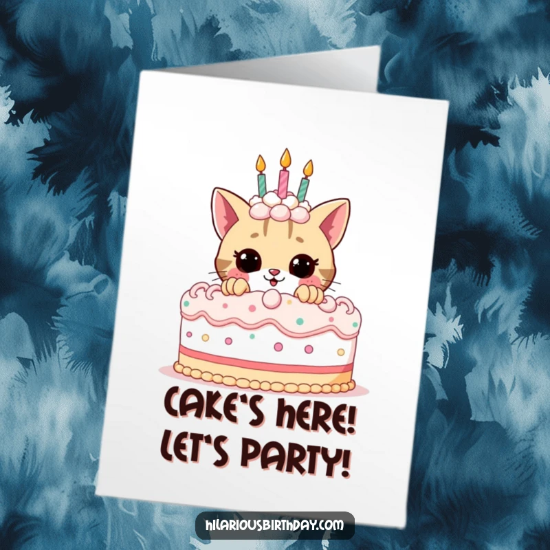 Funny Free Printable Birthday Card: Playful cat peeking behind giant cake, ready to pounce on the fun.