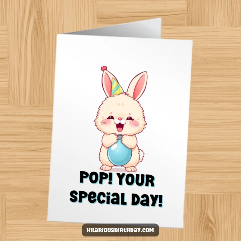 Funny free printable birthday card featuring a fluffy bunny in a party hat enthusiastically popping a balloon with a loud bang.