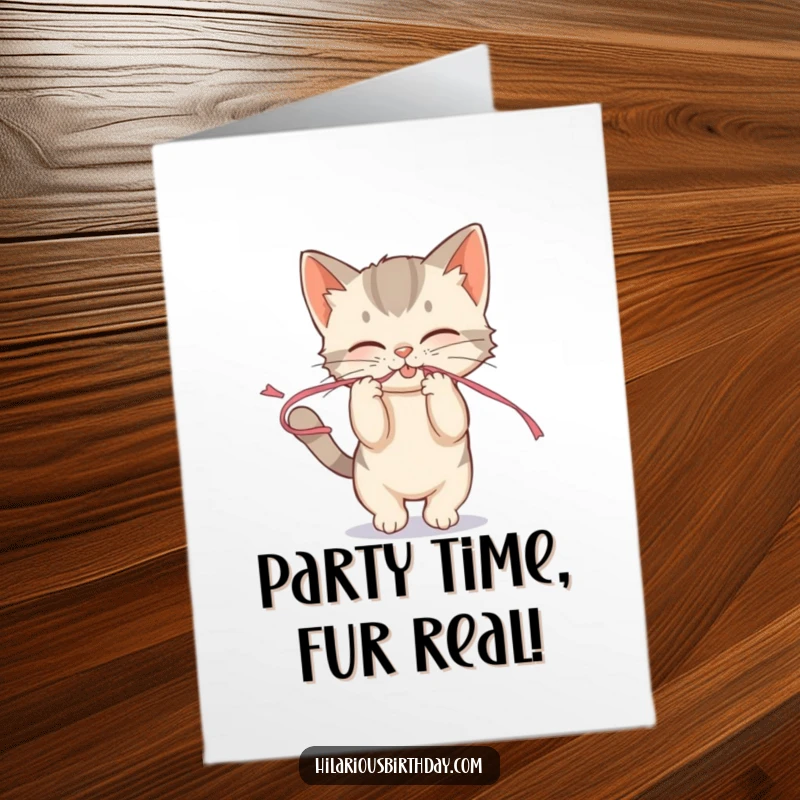 Funny free printable birthday card showing a mischievous kitten playfully pulling on a colorful party streamer, ready for fun.