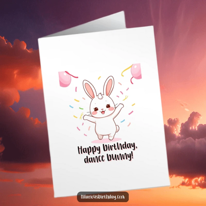 Funny Free Printable Birthday Card: A kawaii rabbit joyfully dances surrounded by colorful streamers, radiating pure birthday excitement.