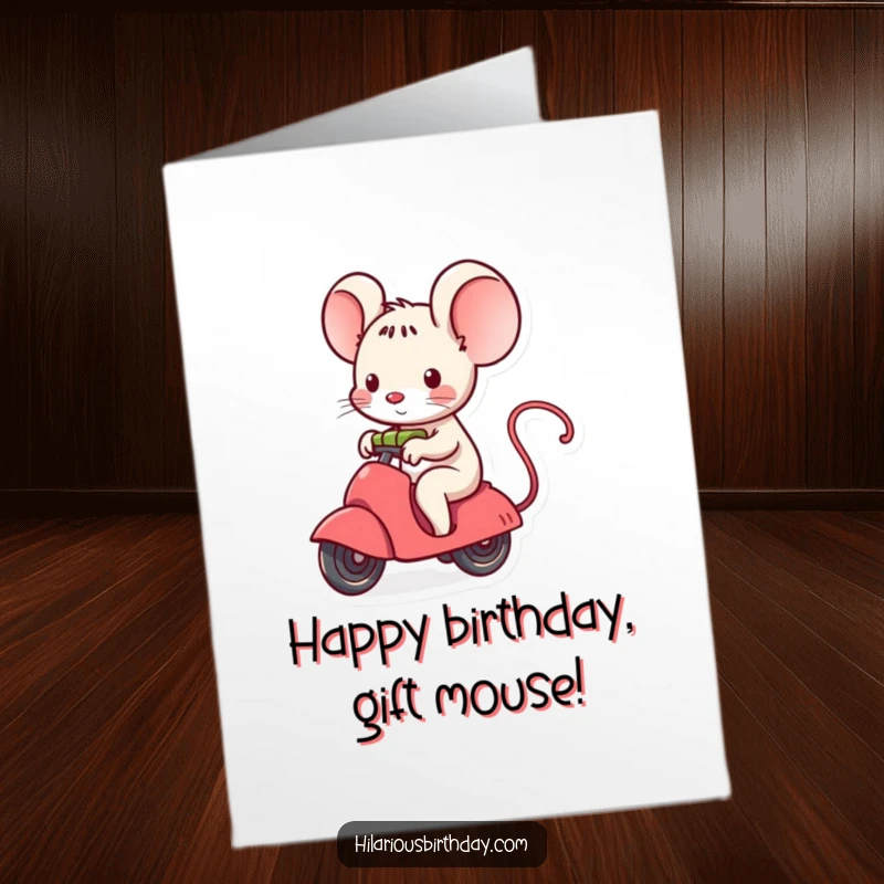 Funny Free Printable Birthday Card: A kawaii mouse gleefully rides atop a small, unwrapping gift, embarking on a birthday adventure.