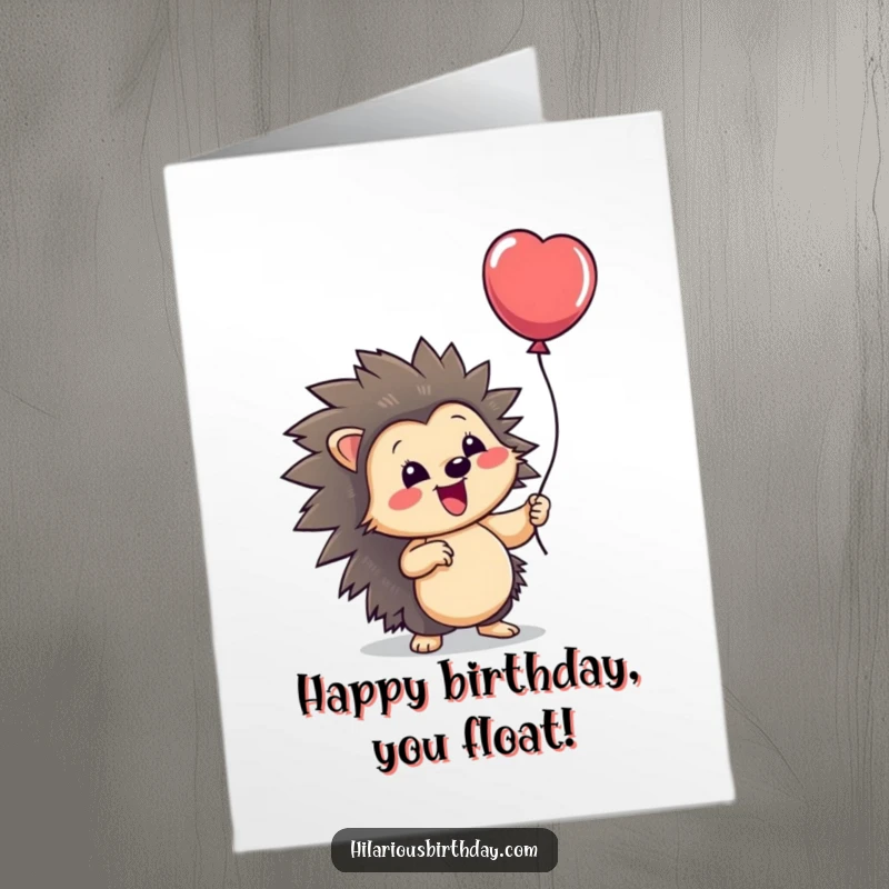 Funny Free Printable Birthday Card: Smiling hedgehog character excitedly holding onto a floating balloon, pure birthday delight.
