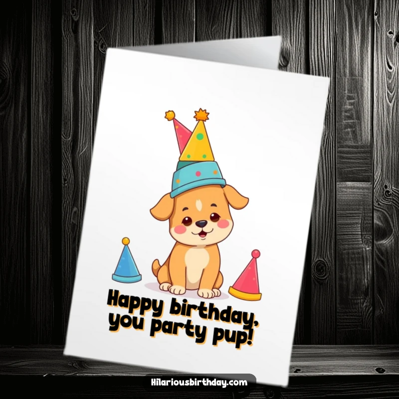 Funny Free Printable Birthday Card showing a focused dog character expertly balancing a tall stack of colorful party hats.