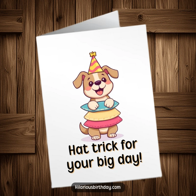 Funny Free Printable Dog Birthday Card: A happy dog precariously balancing a tower of colorful party hats.
