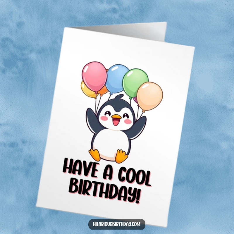 Funny Free Printable Birthday Card: A cheerful Kawaii penguin character excitedly holds a vibrant bunch of colorful balloons.