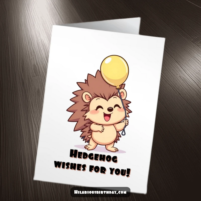 Funny Free Printable Birthday Card: A smiling hedgehog excitedly holds onto a single floating balloon, radiating pure birthday delight.