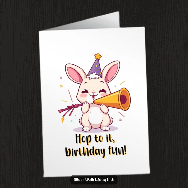 Funny Free Printable birthday card of a playful rabbit in a sparkly hat, joyfully blowing a giant party horn.