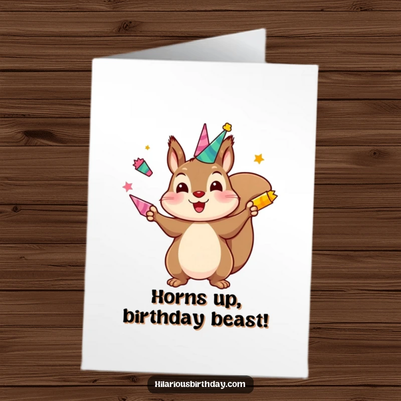 Funny Free Printable Birthday Card: A busy kawaii squirrel expertly juggling several brightly colored party horns with a determined look.