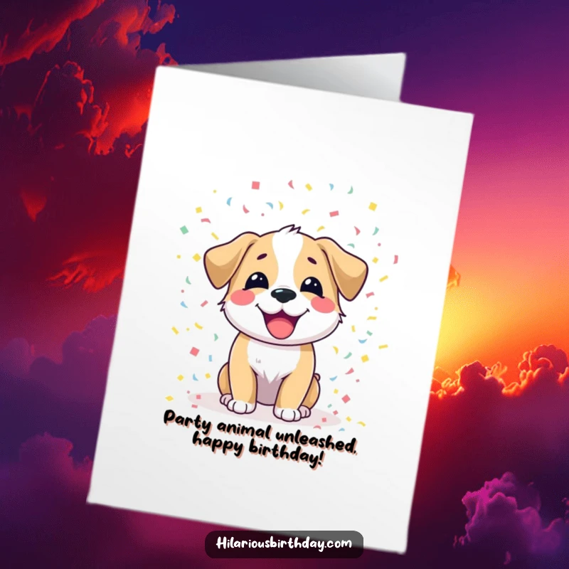 Funny free printable birthday card featuring a joyful dog scattering colorful confetti, spreading pure happiness and celebration.