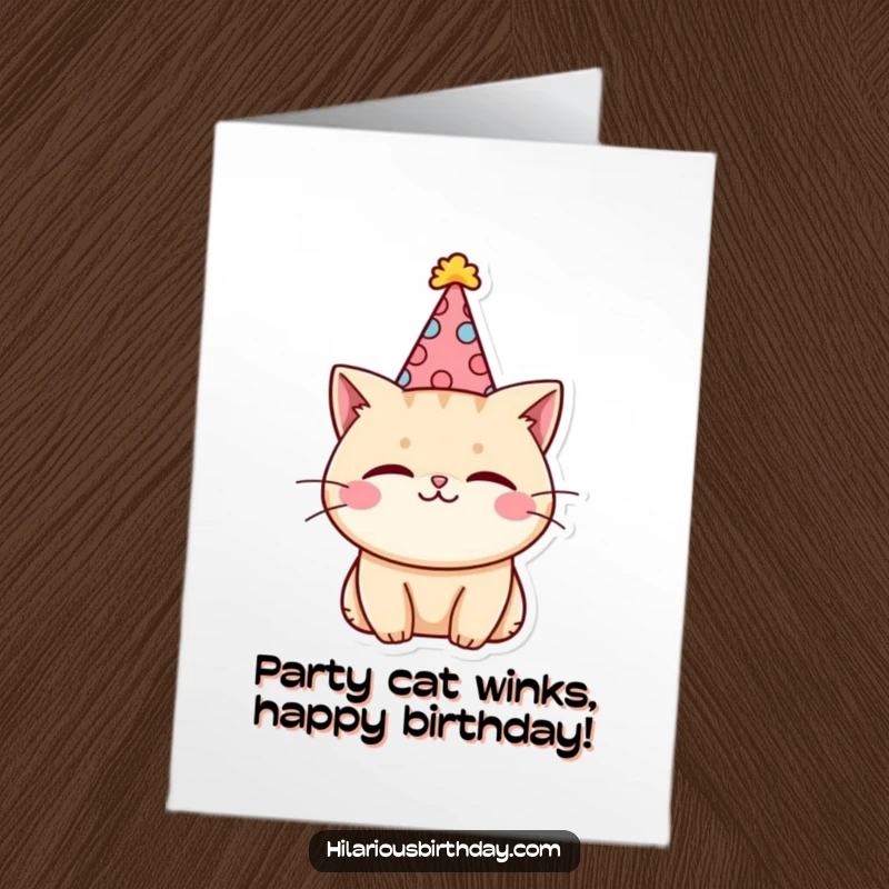 Funny Free Printable Birthday Card: A kawaii cat sports a silly party hat and gives a charming wink, ready to celebrate.