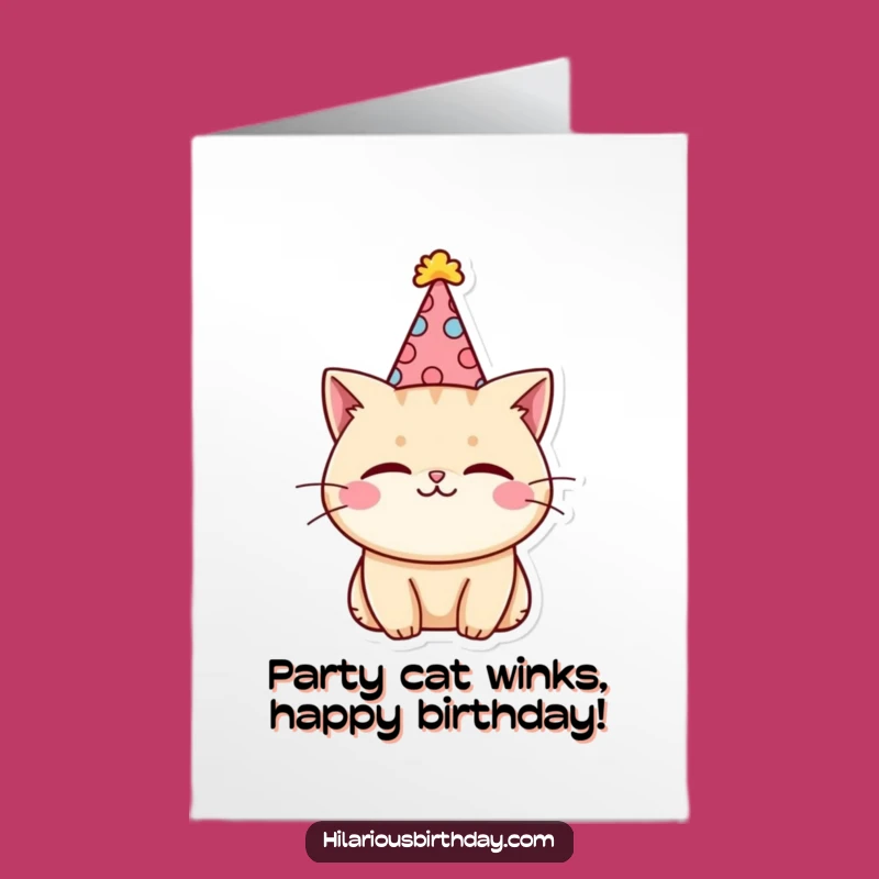 Free Printable Birthday Card: Funny Cat Party Hat Wink Greeting - Downloadable Gift