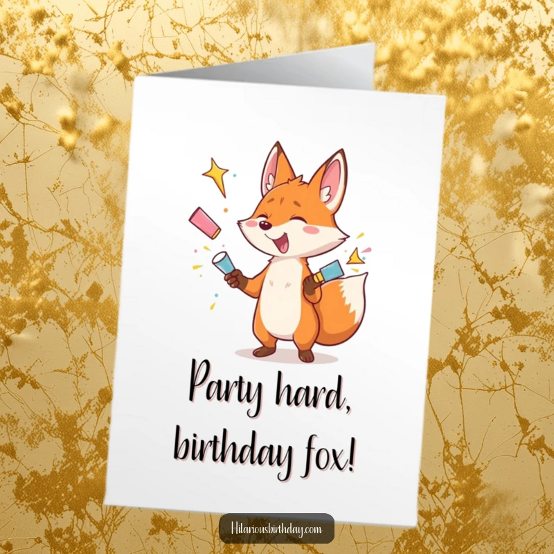 Funny Free Printable Birthday Card: Gleeful fox character juggling multiple exploding party poppers, a chaotic and joyful birthday scene.