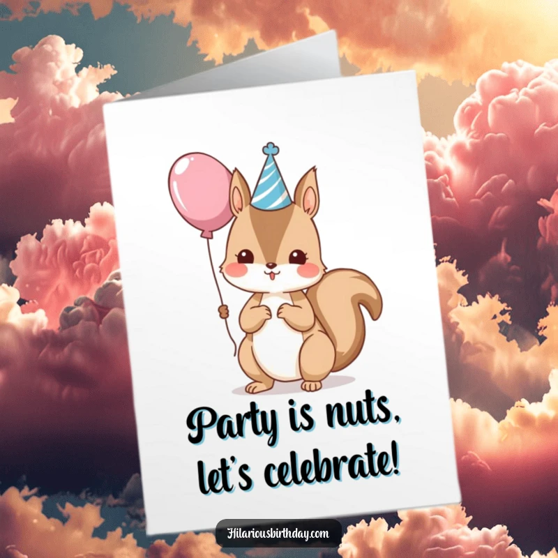 Funny Free Printable Birthday Card: A kawaii squirrel sporting a party hat and holding a festive balloon.