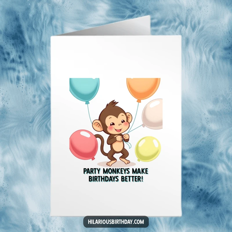 Funny Free Printable Birthday Card: A mischievous monkey comically attempting to tie balloons together in a knot.