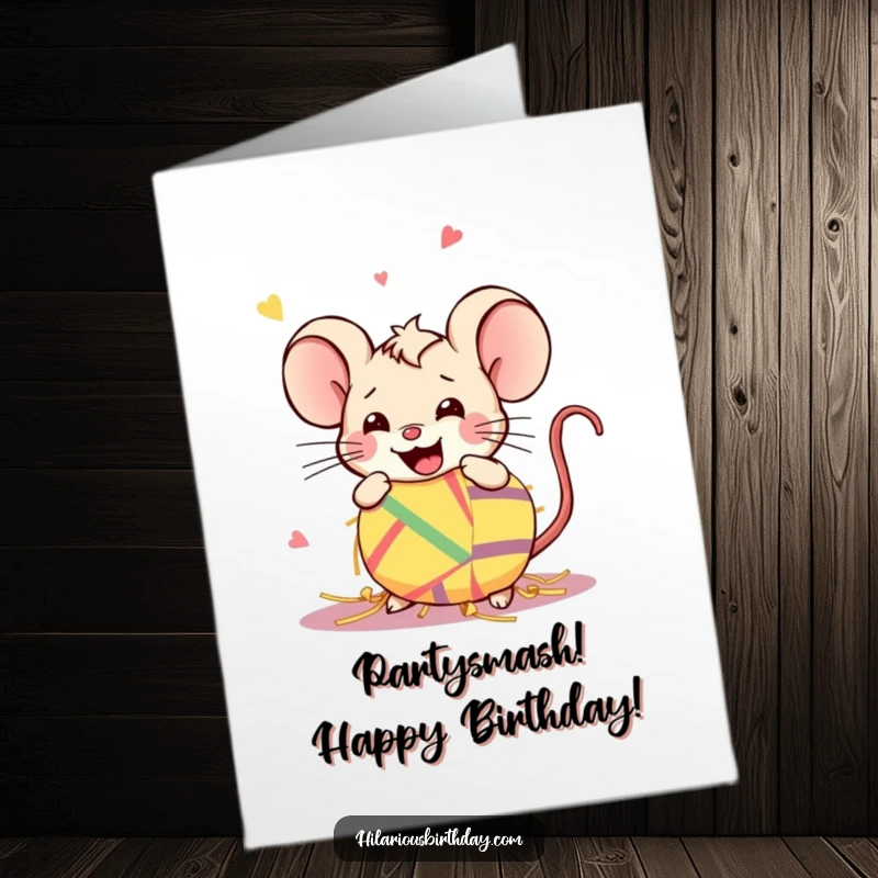 Funny Free Printable Birthday Card: Mischievous Kawaii mouse gleefully smashing a colorful piñata for a fun surprise.