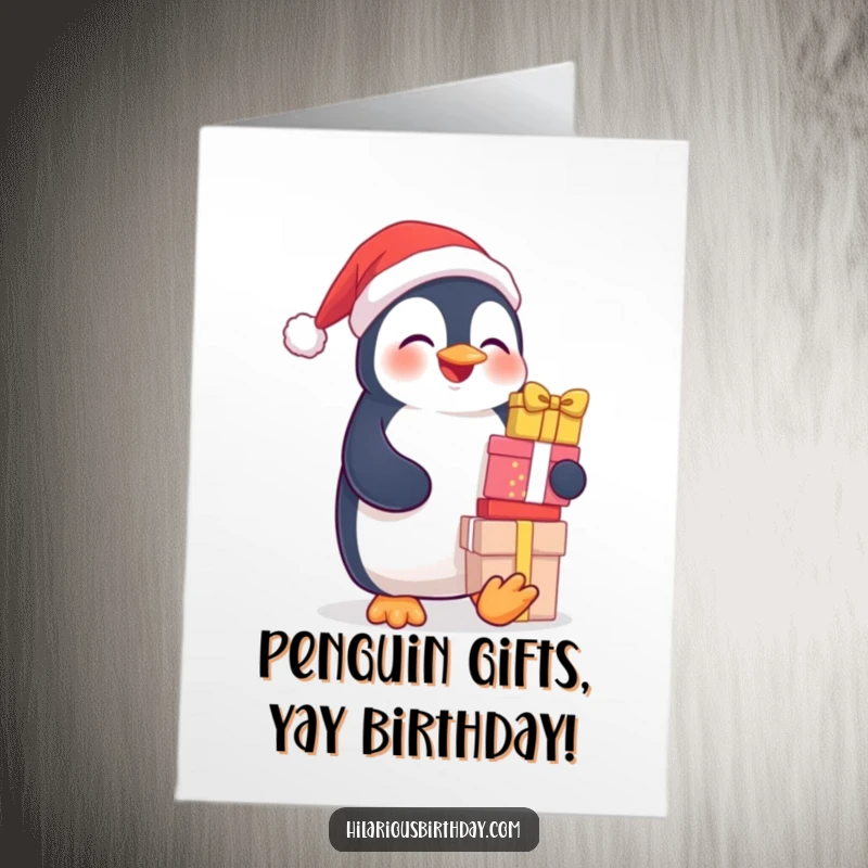 Funny Free Printable Birthday Card: Giggling penguin joyfully balancing a precarious stack of colorful gifts, ready for a celebration.