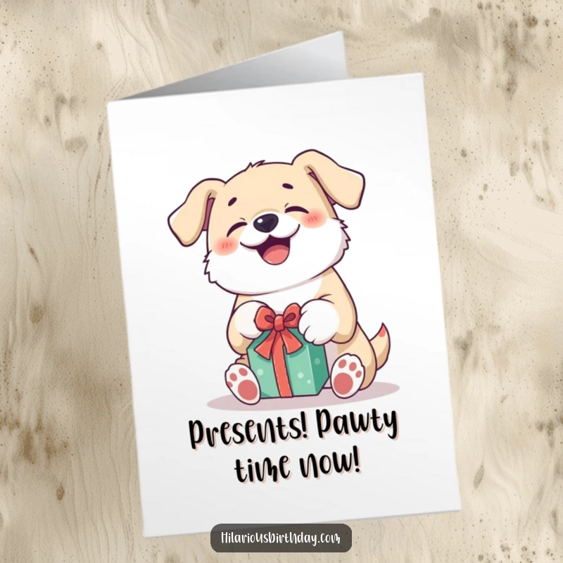 Funny Free Printable Birthday Card: Giggling Kawaii dog with paws excitedly unwrapping a present, celebrating with joy.