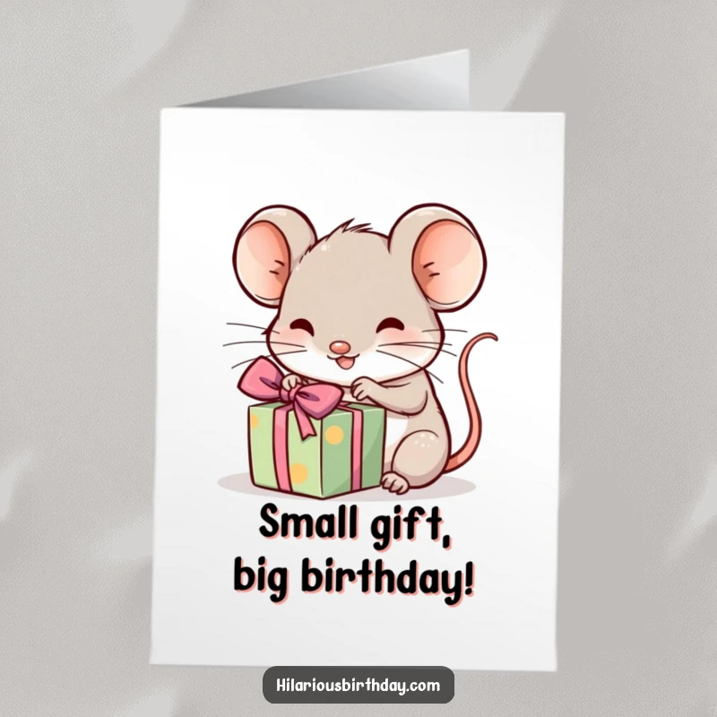 Funny Free Printable Birthday Card: A kawaii mouse excitedly unwrapping a tiny, festive wrapped gift.
